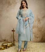 Sea green roman silk embroidered kurti pant set with leriya dupatta
