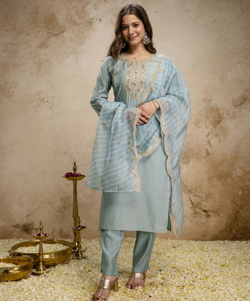 Sea green roman silk embroidered kurti pant set with leriya dupatta