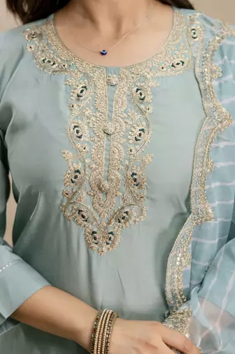 Sea green roman silk embroidered kurti pant set with leriya dupatta