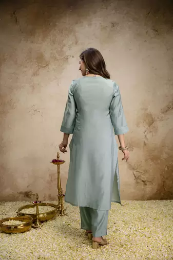 Sea green roman silk embroidered kurti pant set with leriya dupatta
