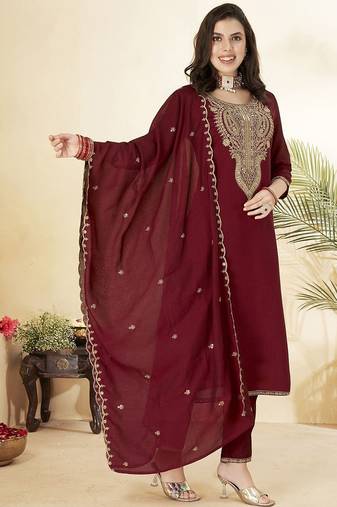 Maroon vichitra embroidered kurti pant set with dupatta