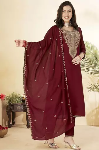 Maroon vichitra embroidered kurti pant set with dupatta