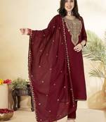 Maroon vichitra embroidered kurti pant set with dupatta