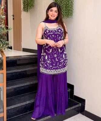 Purple chinon embroidered kurti pant set with dupatta 1