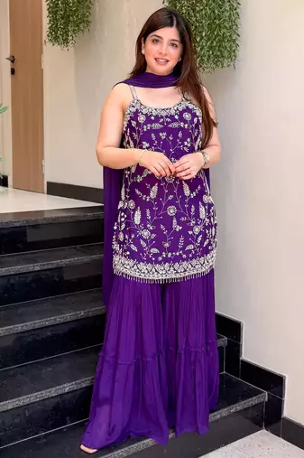 Purple chinon embroidered kurti pant set with dupatta