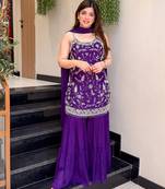 Purple chinon embroidered kurti pant set with dupatta
