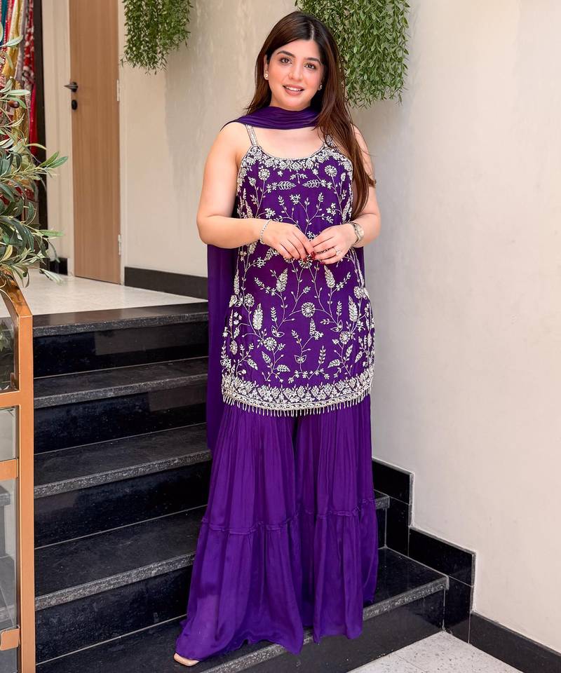 Purple chinon embroidered kurti pant set with dupatta