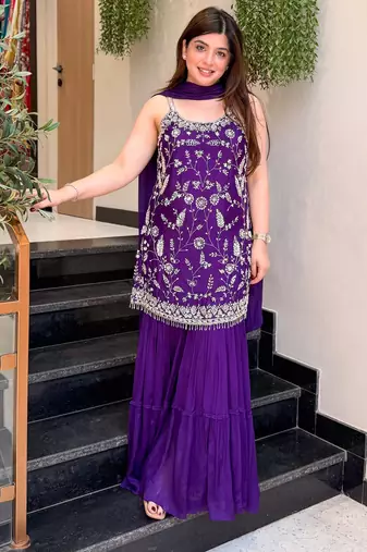 Purple chinon embroidered kurti pant set with dupatta