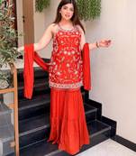 Red chinon embroidered kurti pant set with dupatta