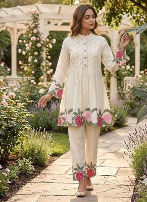 White roman embroidered kurti pant set for women 1