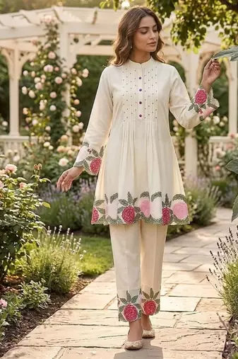 White roman embroidered kurti pant set for women