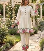 White roman embroidered kurti pant set for women