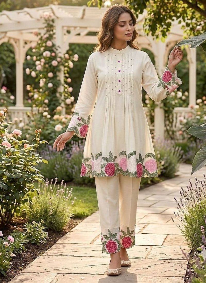 White roman embroidered kurti pant set for women
