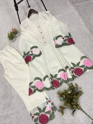 White roman embroidered kurti pant set for women 2