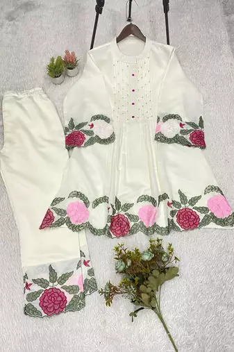 White roman embroidered kurti pant set for women