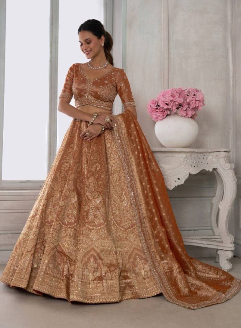 Copper Art Silk Lehenga-Choli with Sequinned Embroidery