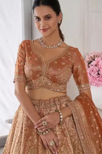 Copper Art Silk Lehenga-Choli with Sequinned Embroidery