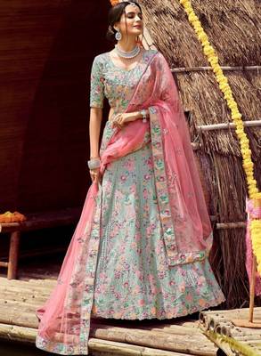 Green Silk Lehenga-Choli with Sequinned Embellishment 1