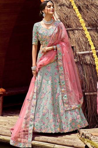 Green Silk Lehenga-Choli with Sequinned Embellishment