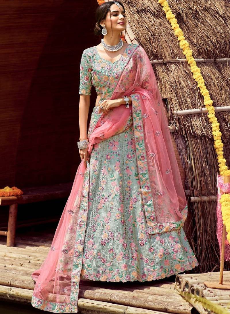 Green Silk Lehenga-Choli with Sequinned Embellishment