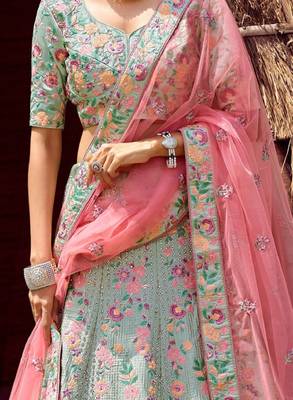 Green Silk Lehenga-Choli with Sequinned Embellishment 2