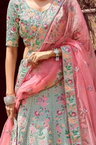 Green Silk Lehenga-Choli with Sequinned Embellishment