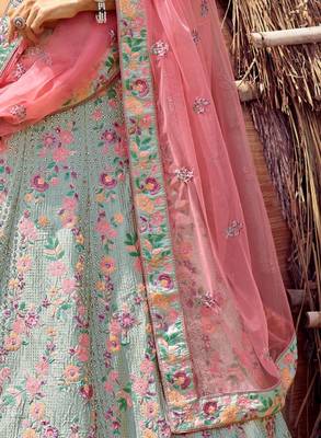 Green Silk Lehenga-Choli with Sequinned Embellishment 3