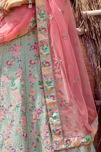 Green Silk Lehenga-Choli with Sequinned Embellishment