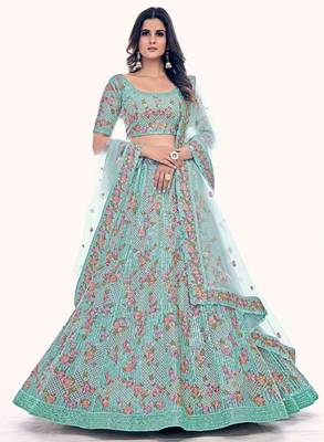 Sea Green Net Readymade Lehenga-Choli with Floral Embroidery 1