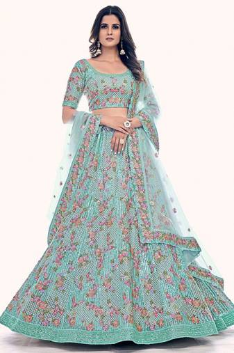 Sea Green Net Readymade Lehenga-Choli with Floral Embroidery