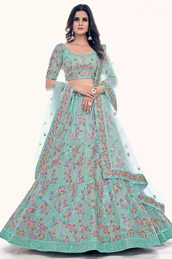 Sea Green Net Readymade Lehenga-Choli with Floral Embroidery