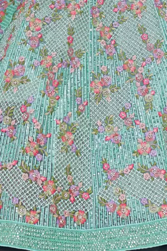Sea Green Net Readymade Lehenga-Choli with Floral Embroidery