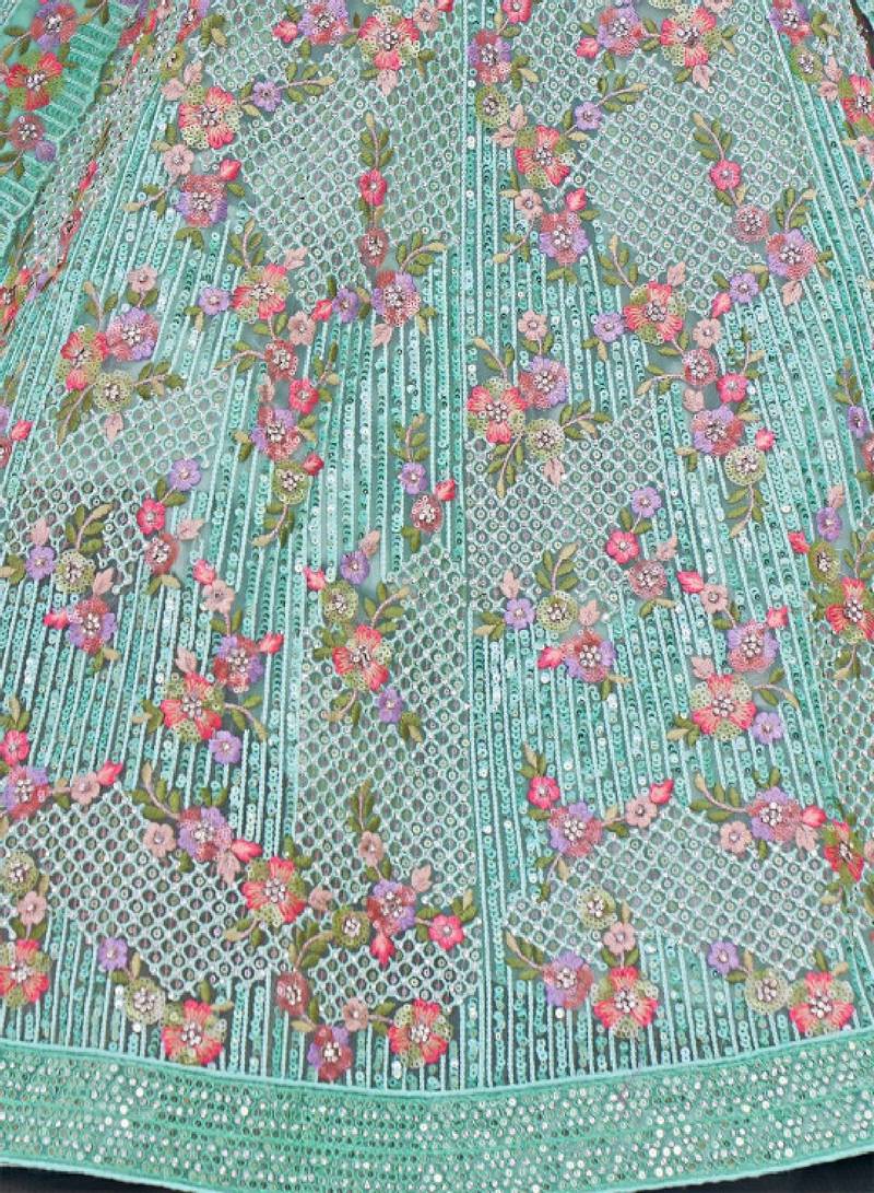 Sea Green Net Readymade Lehenga-Choli with Floral Embroidery