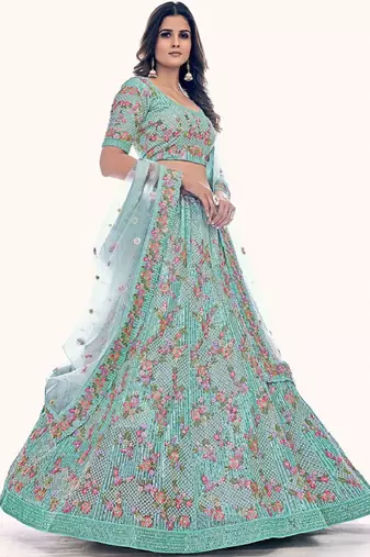 Sea Green Net Readymade Lehenga-Choli with Floral Embroidery