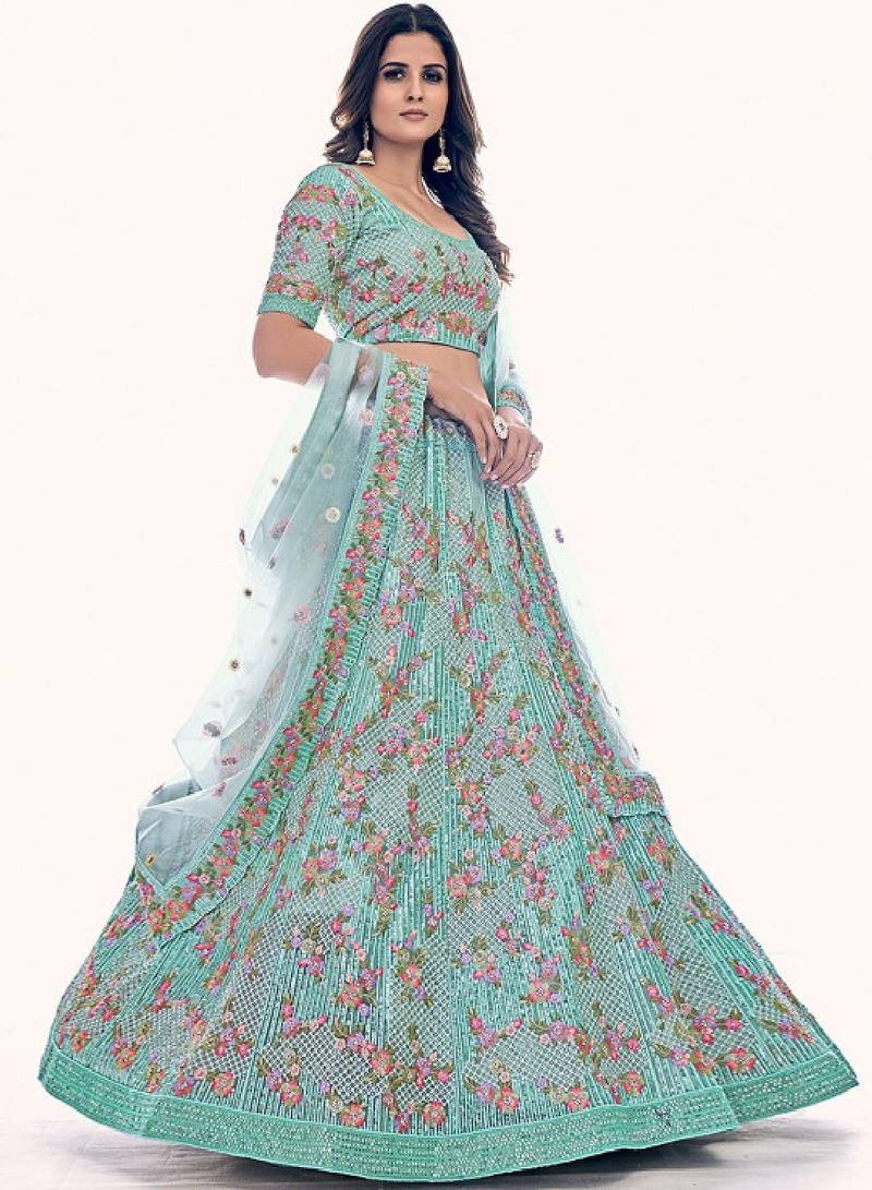 Sea Green Net Readymade Lehenga-Choli with Floral Embroidery