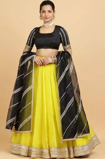 Embellished Semi-Stitched Lehenga & Blouse With Dupatta - Yellow Net Lehenga Choli with Zari Embellishment