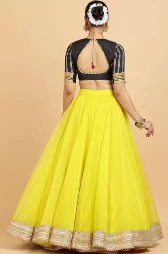 Embellished Semi-Stitched Lehenga & Blouse With Dupatta - Yellow Net Lehenga Choli with Zari Embellishment