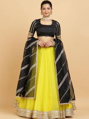 Embellished Semi-Stitched Lehenga & Blouse With Dupatta - Yellow Net Lehenga Choli with Zari Embellishment 3
