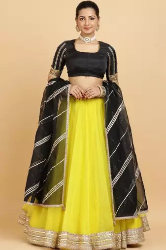 Embellished Semi-Stitched Lehenga & Blouse With Dupatta - Yellow Net Lehenga Choli with Zari Embellishment