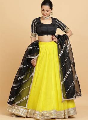 Embellished Semi-Stitched Lehenga & Blouse With Dupatta - Yellow Net Lehenga Choli with Zari Embellishment 4