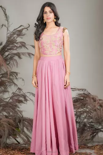 Pink Silk Readymade Lehenga - Thread Work