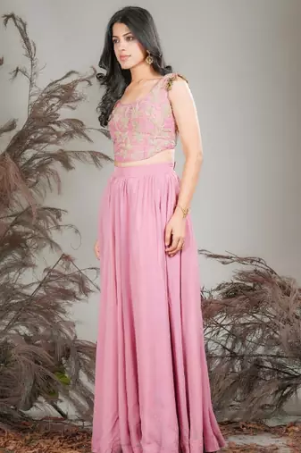 Pink Silk Readymade Lehenga - Thread Work