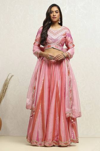 Pink Polyester Lehenga-Choli with Woven Design Sequinned Semi-Stitched Lehenga & Blouse With Dupatta Thread Work