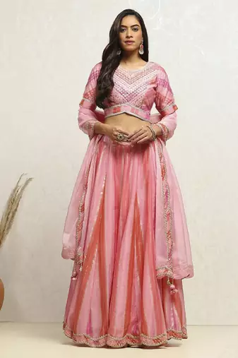 Pink Polyester Lehenga-Choli with Woven Design Sequinned Semi-Stitched Lehenga & Blouse With Dupatta Thread Work