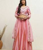 Pink Polyester Lehenga-Choli with Woven Design Sequinned Semi-Stitched Lehenga & Blouse With Dupatta Thread Work