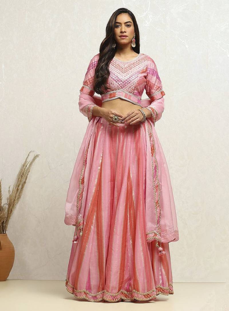 Pink Polyester Lehenga-Choli with Woven Design Sequinned Semi-Stitched Lehenga & Blouse With Dupatta Thread Work