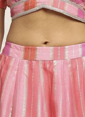 Pink Polyester Lehenga-Choli with Woven Design Sequinned Semi-Stitched Lehenga & Blouse With Dupatta Thread Work 2