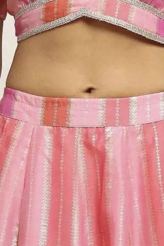 Pink Polyester Lehenga-Choli with Woven Design Sequinned Semi-Stitched Lehenga & Blouse With Dupatta Thread Work