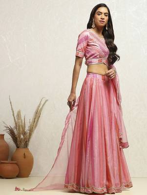 Pink Polyester Lehenga-Choli with Woven Design Sequinned Semi-Stitched Lehenga & Blouse With Dupatta Thread Work 4