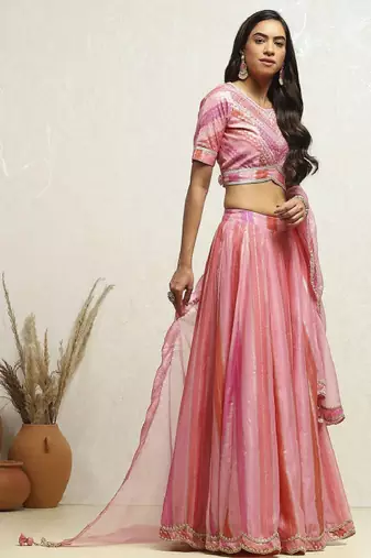 Pink Polyester Lehenga-Choli with Woven Design Sequinned Semi-Stitched Lehenga & Blouse With Dupatta Thread Work
